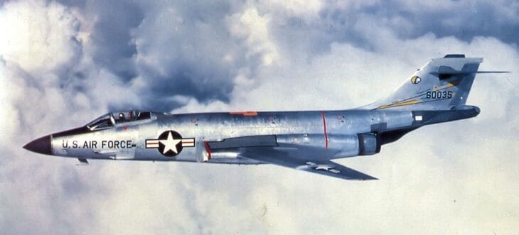An F-101C Voodoo of the 92nd Tactical Fighter Squadron, one of the single-seat fighter-bombers based in England.