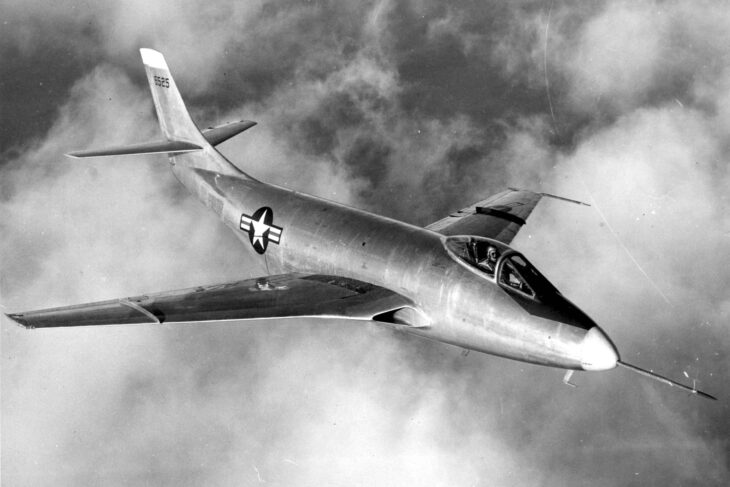McDonnell XF-88 prototype 46-525 in flight, a slender swept-wing jet with its horizontal tail set partway up the fin