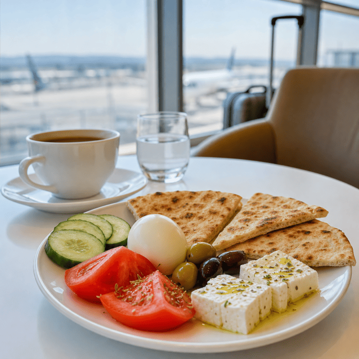 A Mediterranean plate offers a savory mix of vegetables, egg, cheese, and bread.