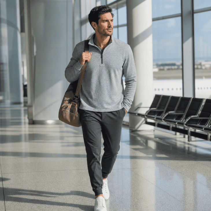 A tapered jogger and half-zip pullover is the men's travel uniform that never looks like loungewear.