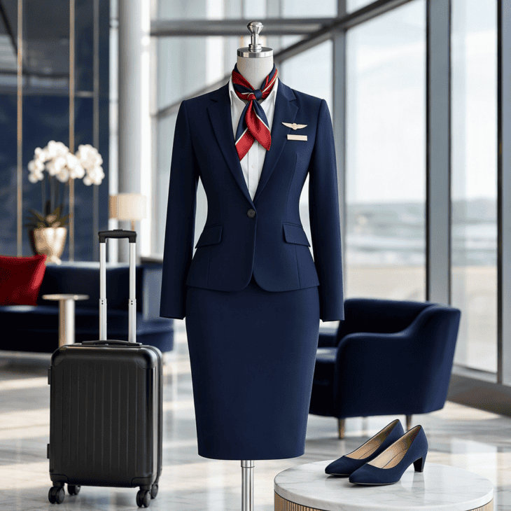A navy suit, a neck scarf and a rolling bag are all it takes to read as today's cabin crew.