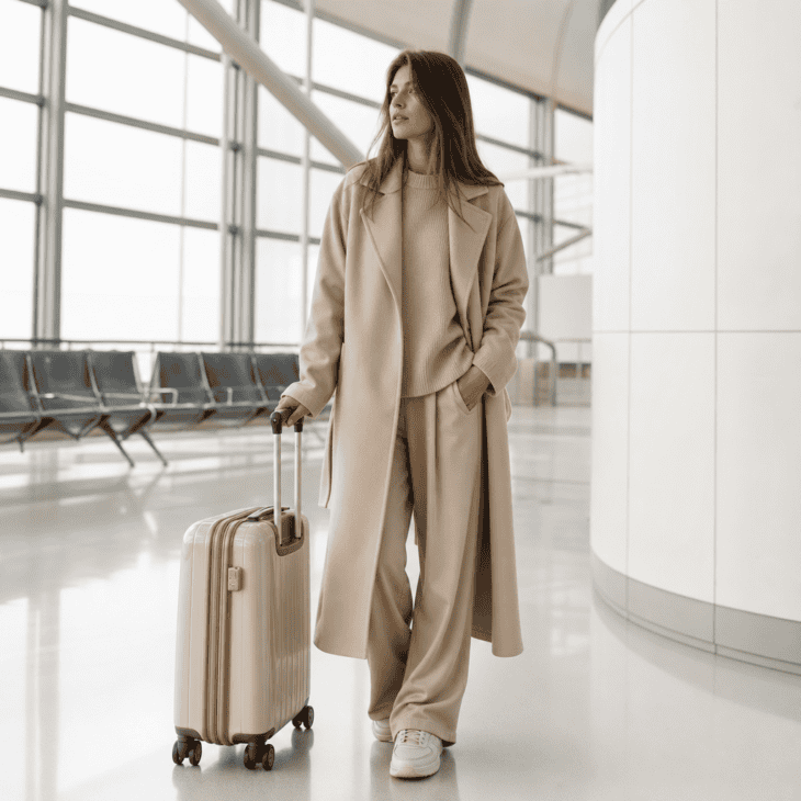 A single-tone monochrome outfit reads effortlessly polished in every airport photo angle.