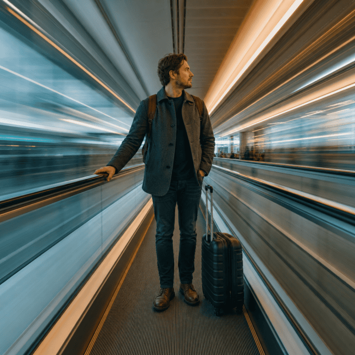 A slow shutter on the moving walkway smears the background into speed while you stay sharp.
