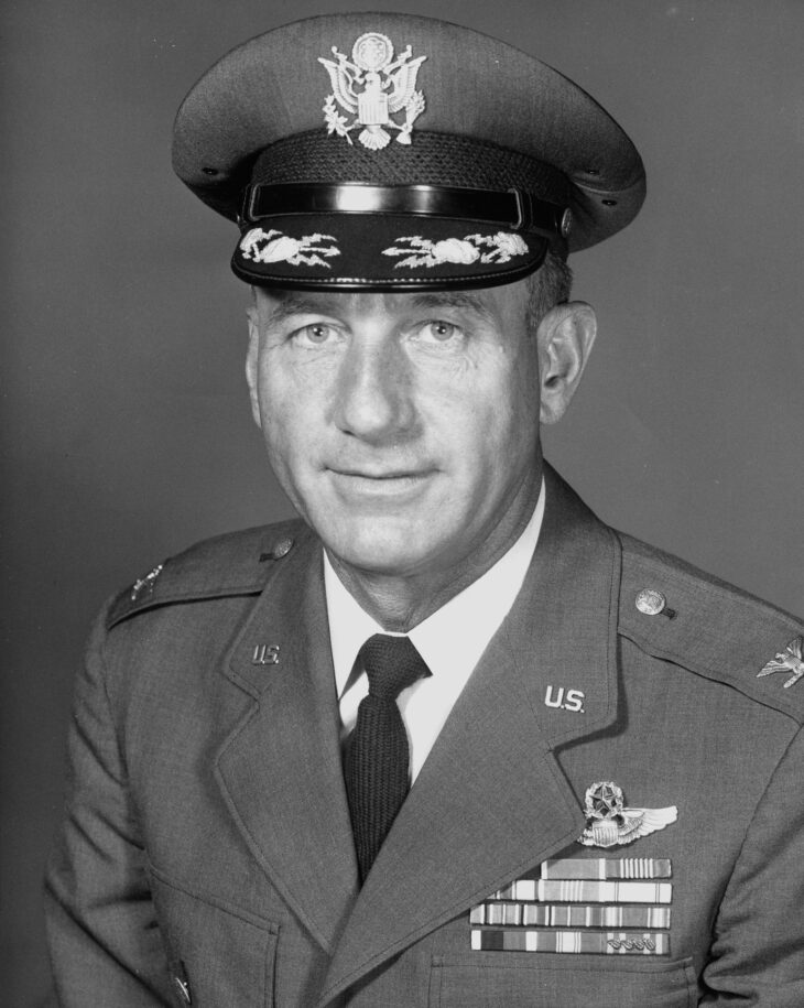 Official black-and-white portrait of US Air Force Col. Harry Shoup in service dress uniform and cap