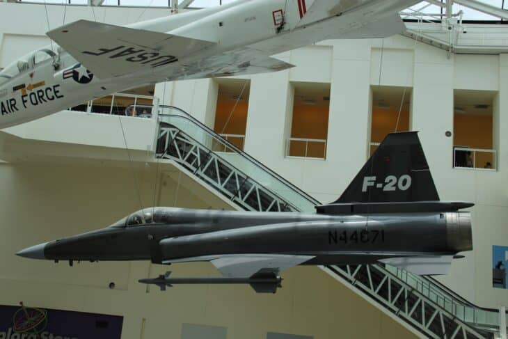 The last surviving Northrop F-20 Tigershark, N44671, suspended inside the California Science Center in Los Angeles with a T-38 Talon above it