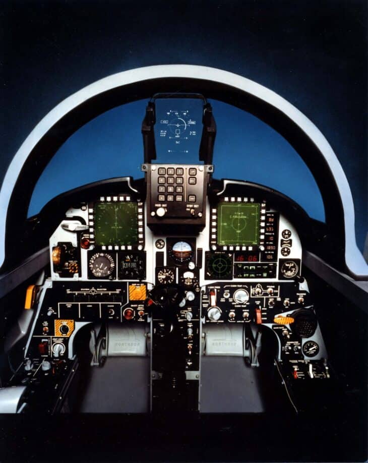Mock-up of the Northrop F-20 Tigershark cockpit with a head-up display above the up-front control panel and two multi-function displays