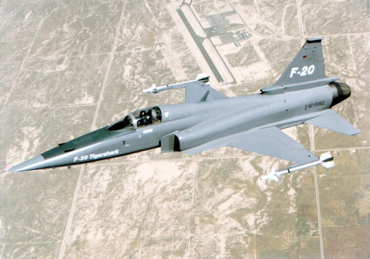 The first F-20 Tigershark, 82-0062, in flight in its gray test scheme.