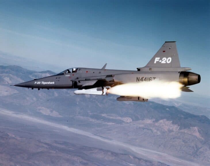 Northrop F-20 Tigershark N4416T firing an AGM-65 Maverick air-to-ground missile from an underwing pylon