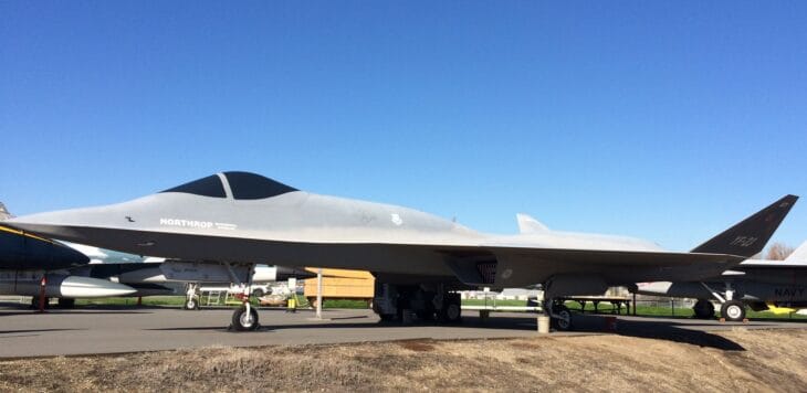 Light gray YF-23 PAV-2 parked outdoors at the Western Museum of Flight in Torrance, California