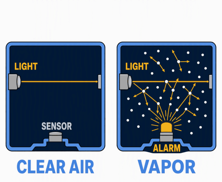 An optical smoke detector trips when particles bounce its beam onto a hidden sensor, and vape droplets do exactly that.