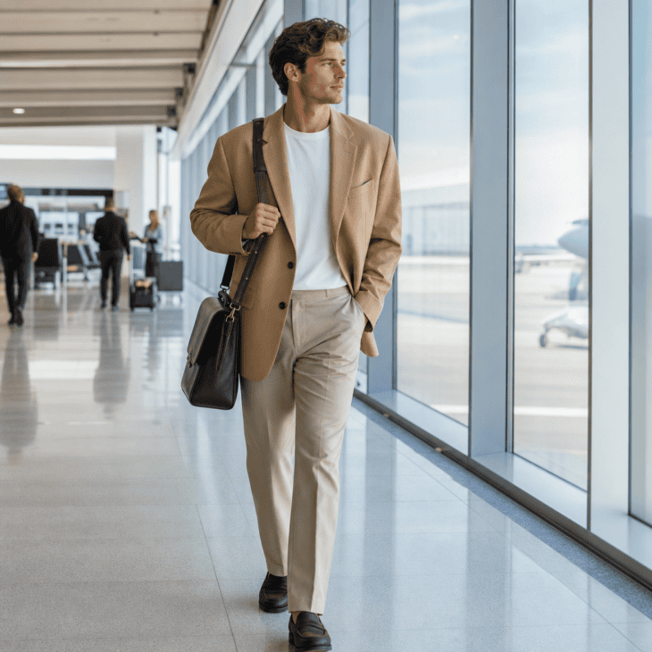 An oversized blazer over a basic tee reads business-trip polished while staying soft to sit in.