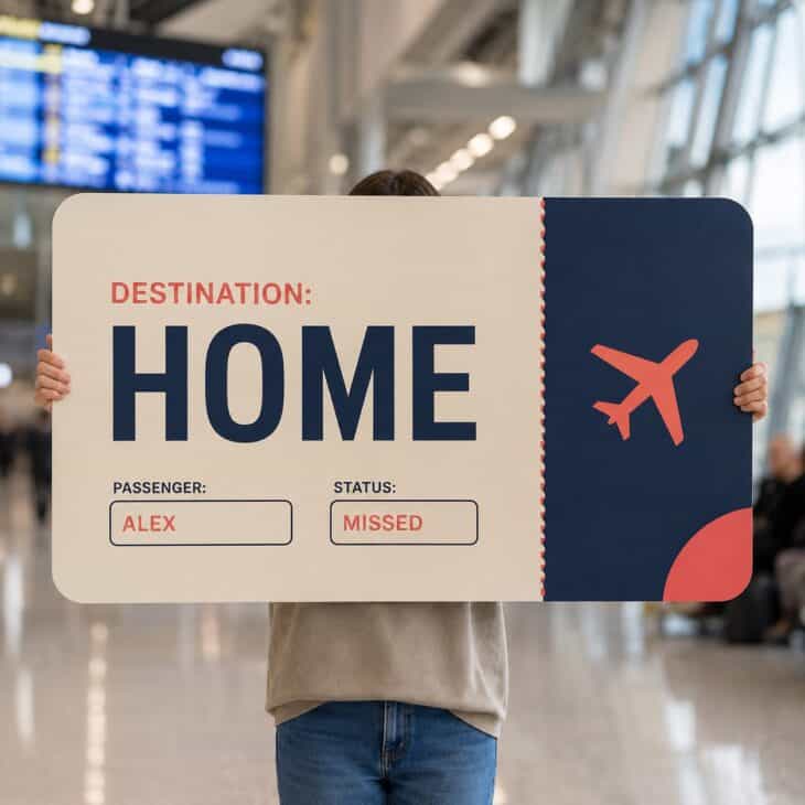 Turning the welcome into a fictional boarding pass brings the travel theme into the sign itself.