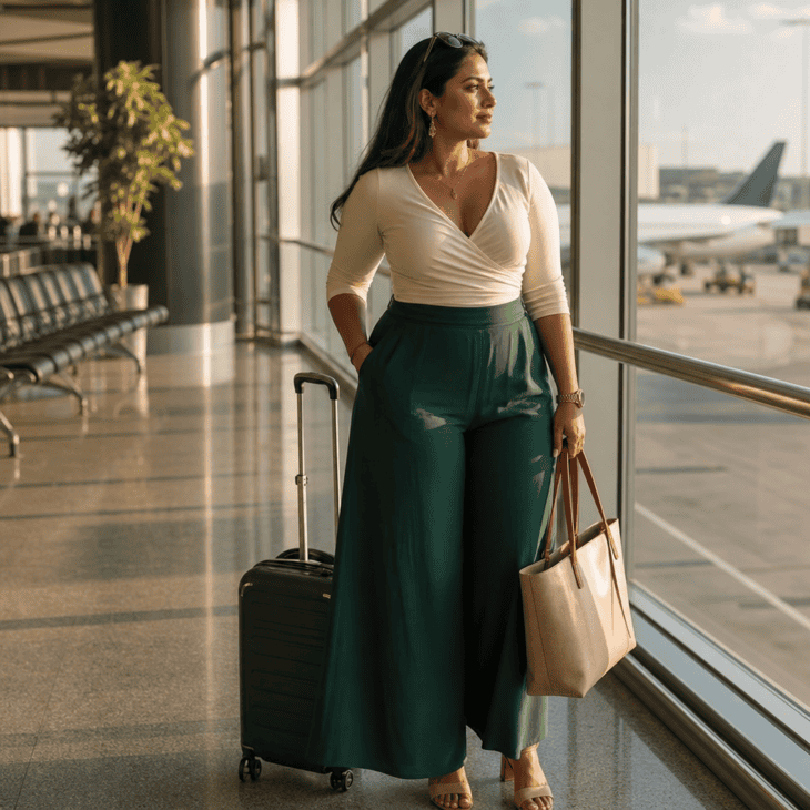 Wide-leg palazzo pants and a wrap top give full range of motion with a defined, flattering shape.