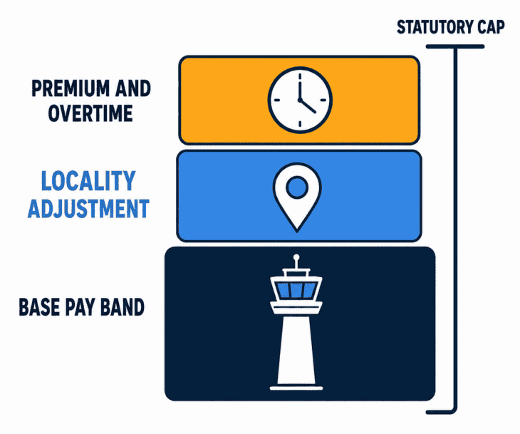 A controller's paycheck is three separate layers, and only the bottom one is set by the pay band.
