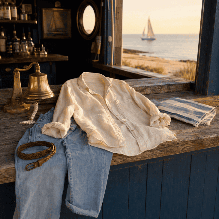 Penny's look is relaxed coastal: linen, denim and a bar towel over the shoulder.