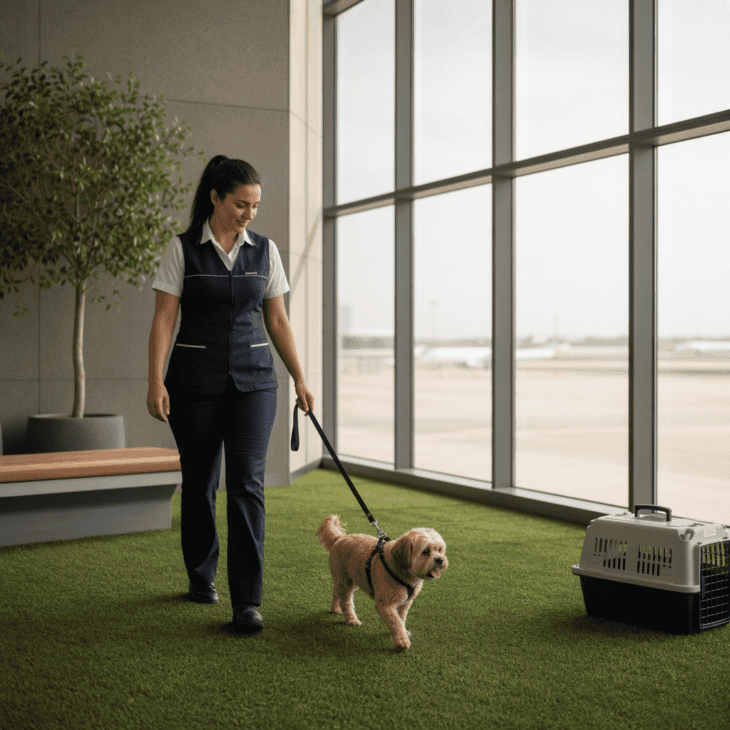 A paid escort service gets a nervous pet to the relief area and back before boarding closes.