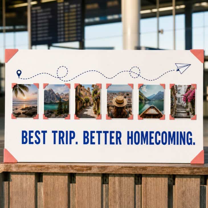 A small photo timeline turns the trip and the return into one complete story.