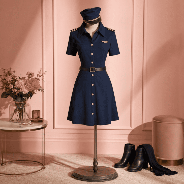 A shirt dress with epaulettes and a small pilot cap is the easiest pilot look to wear all night.