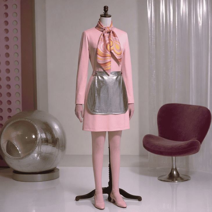 Pale pink, a swirling print scarf and a silver vinyl apron make one of the boldest stewardess looks ever worn.