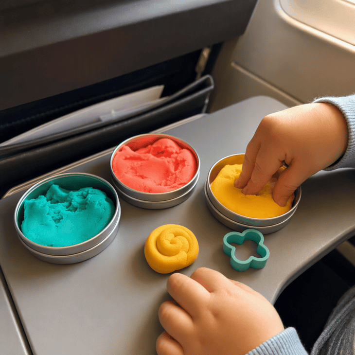 Small tins fit the tray table and keep the dough from drying out between flights.