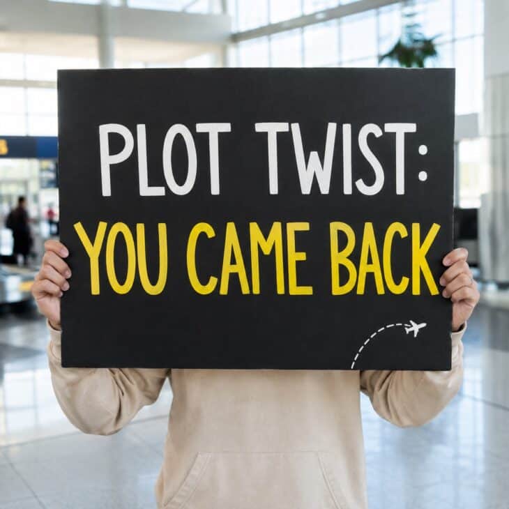 Deadpan lettering turns a simple return into the final scene of a very small comedy.