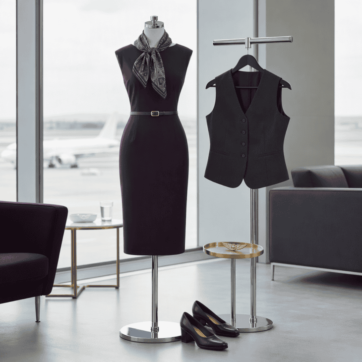 A plum dress and a graphite vest nod to one of the most talked-about airline uniforms of the 2010s.