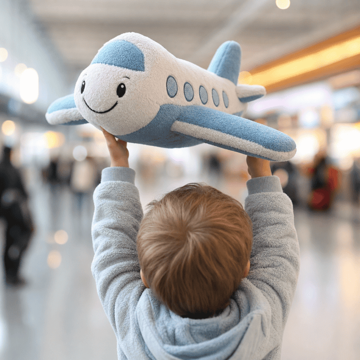 A soft plush airplane gives a tired young traveler something to hug on the ride home.