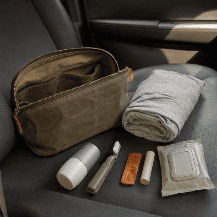 A small kit of travel-size essentials lets him freshen up on the drive home.
