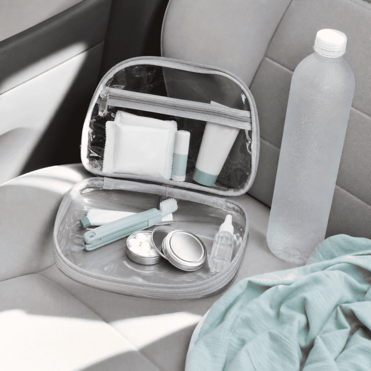 A small pouch of travel-size essentials helps someone freshen up before the ride home.