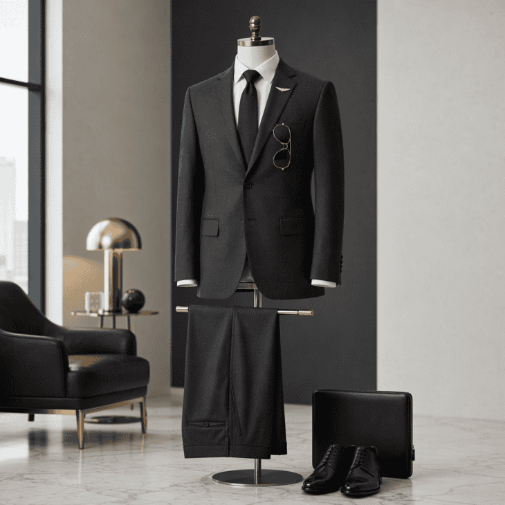 No stripes, just a dark suit and a wing pin: the understated private jet pilot.