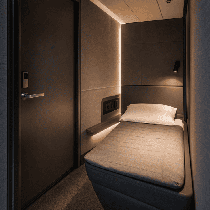 A lockable door and a daybed turn a spare gate-area room into an hourly rental.