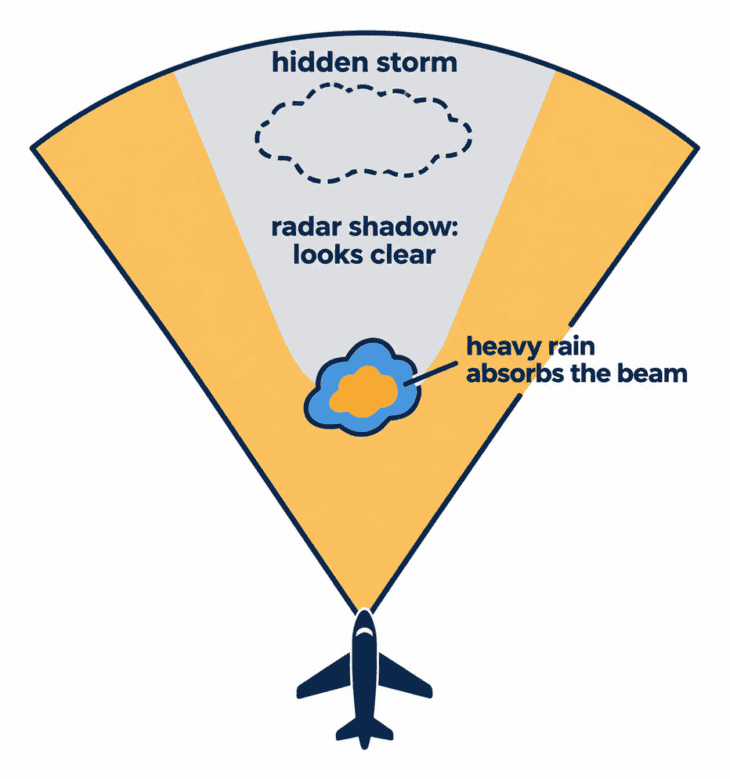 Heavy rain can absorb the radar beam, leaving an empty-looking shadow on the display that may hide more weather behind it.