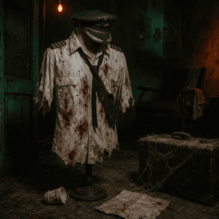 A torn, stained captain's shirt turns the classic pilot costume into a red-eye zombie.