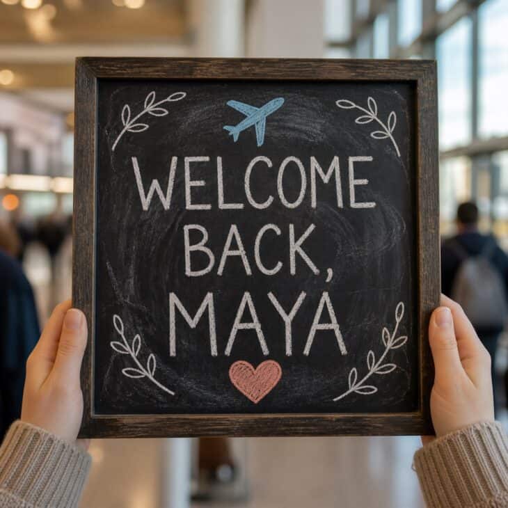 A framed chalkboard can be rewritten for every visitor while keeping the family pickup tradition intact.