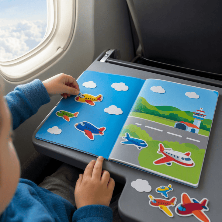 Vinyl stickers peel off and go back again, so one book lasts the whole flight.