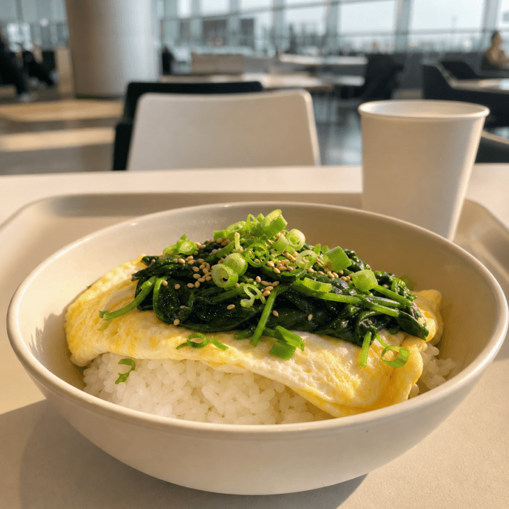 A rice and egg bowl offers a warm savory breakfast beyond the usual terminal bakery choices.