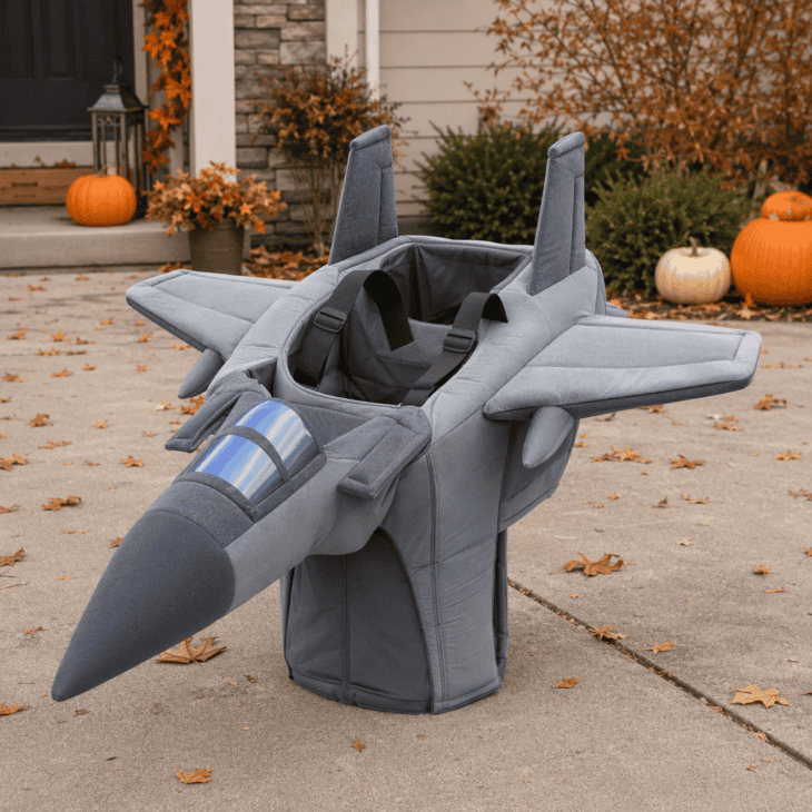 A ride-in jet costume turns the wearer into both the pilot and the airplane.