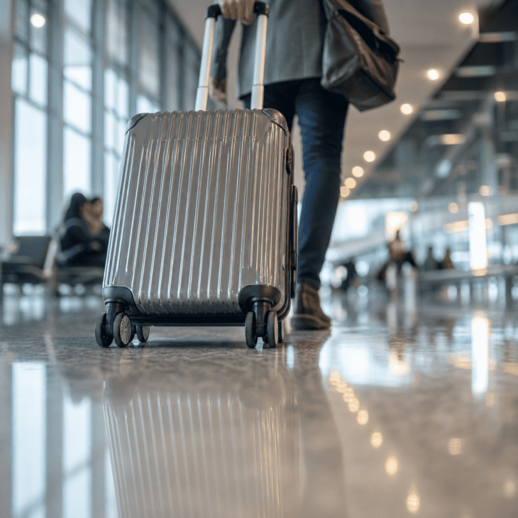 Dropping the phone to floor level makes the carry-on the hero and the polished floor a mirror.