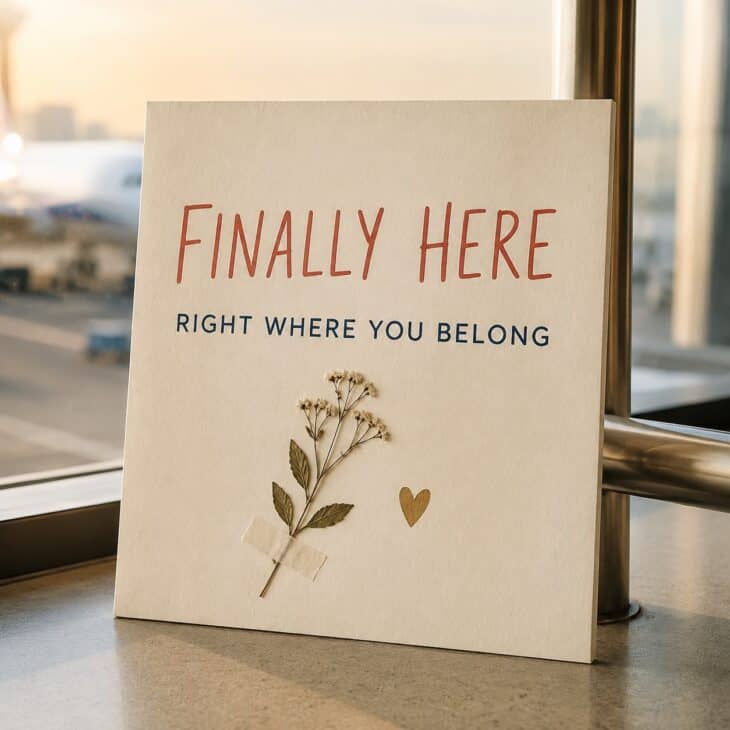 A restrained romantic message feels intimate even in a public arrivals hall.