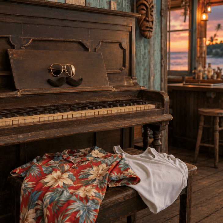 Rooster's piano scene look is a Hawaiian shirt, a white tank, aviators and a mustache.