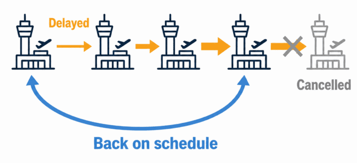A jet flies a chain of legs, so a morning delay grows all day until one flight is deleted to reset it.