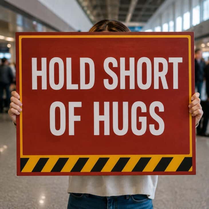 Runway colors and a pilot-style phrase make this the enthusiast's version of a hug warning.