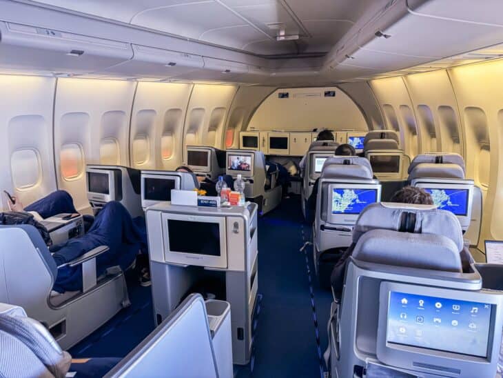 Premium seats in the tapered nose cabin of a Lufthansa Boeing 747-400