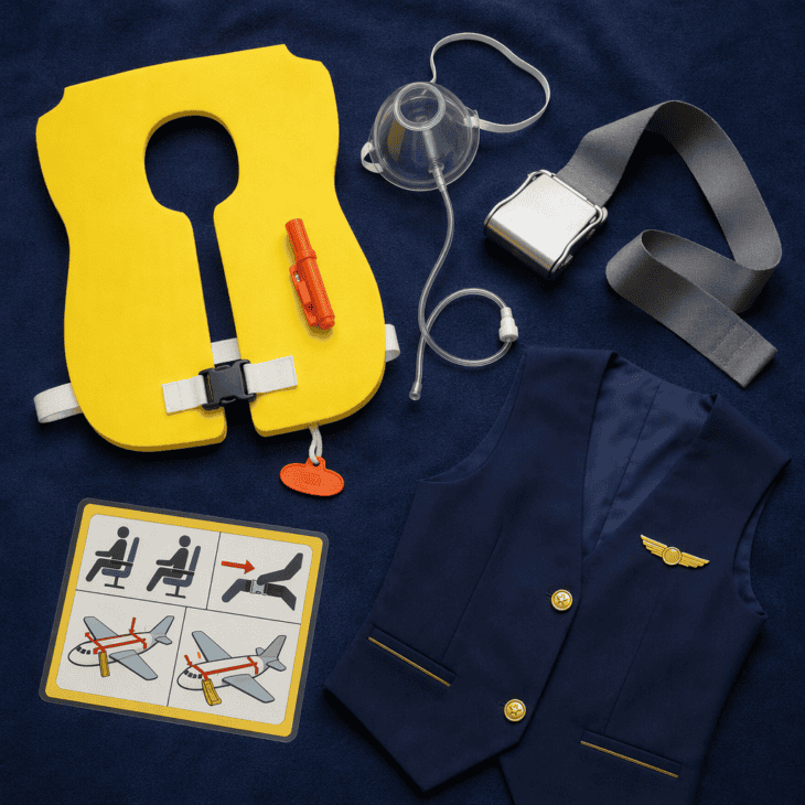 A prop life vest, an oxygen mask and a seatbelt turn any crew outfit into the safety demo.
