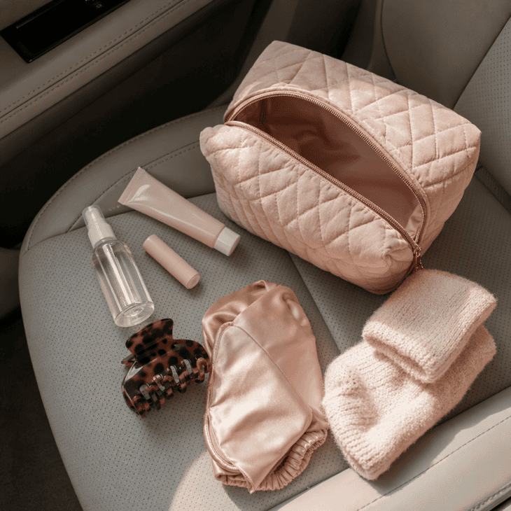 A pouch of travel-size essentials lets her freshen up on the drive home.