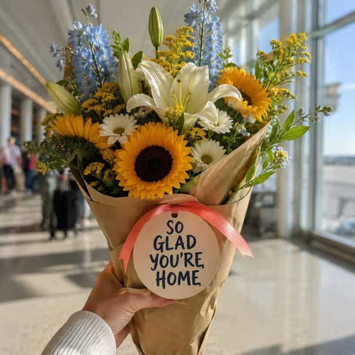 A compact sign fixed to the bouquet leaves one hand free for the suitcase and the hug.