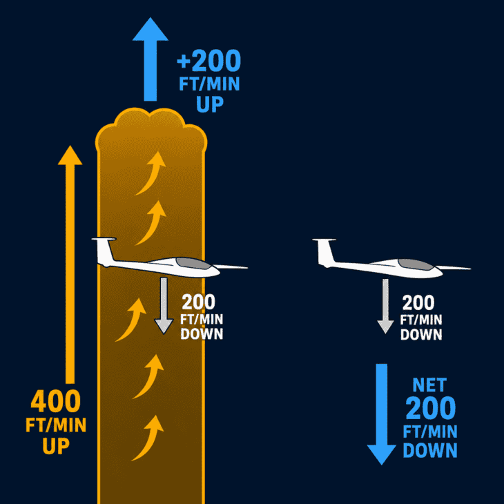 The glider sinks through the air at the same rate either way. Only the air changes.