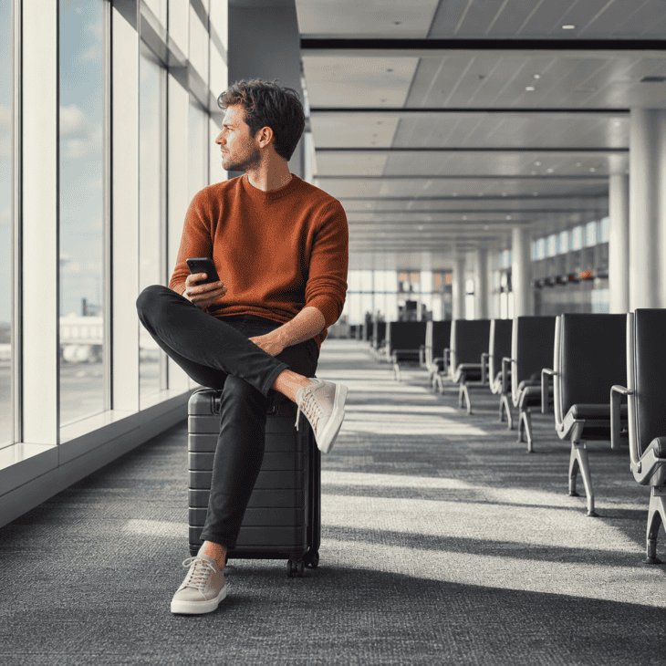 Perching on your carry-on in an empty gate area reads as the honest reality of early arrival.