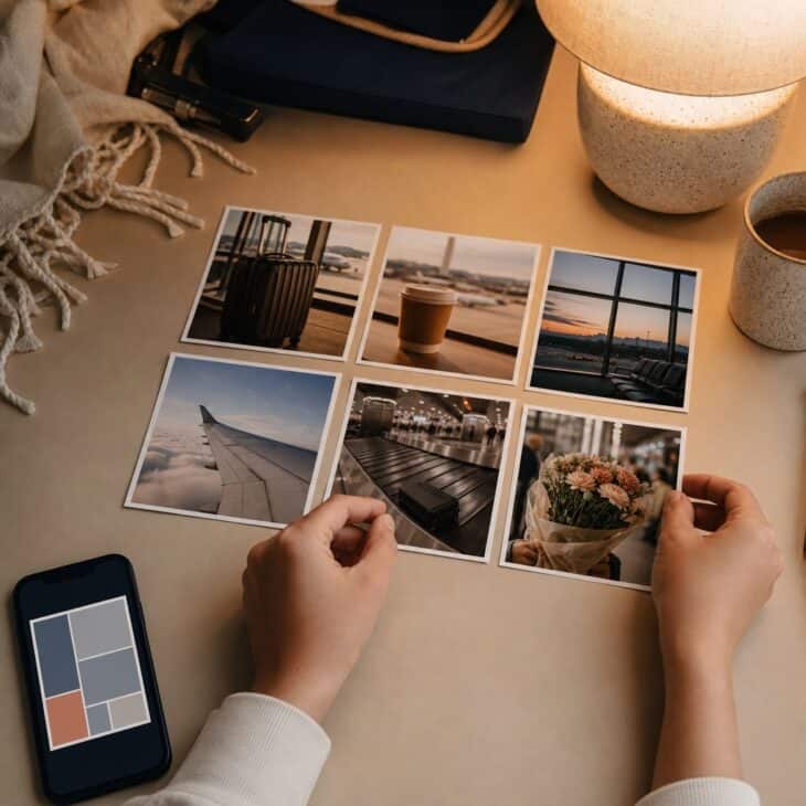 Six recurring details are enough to give the whole travel day a beginning, middle, and end.