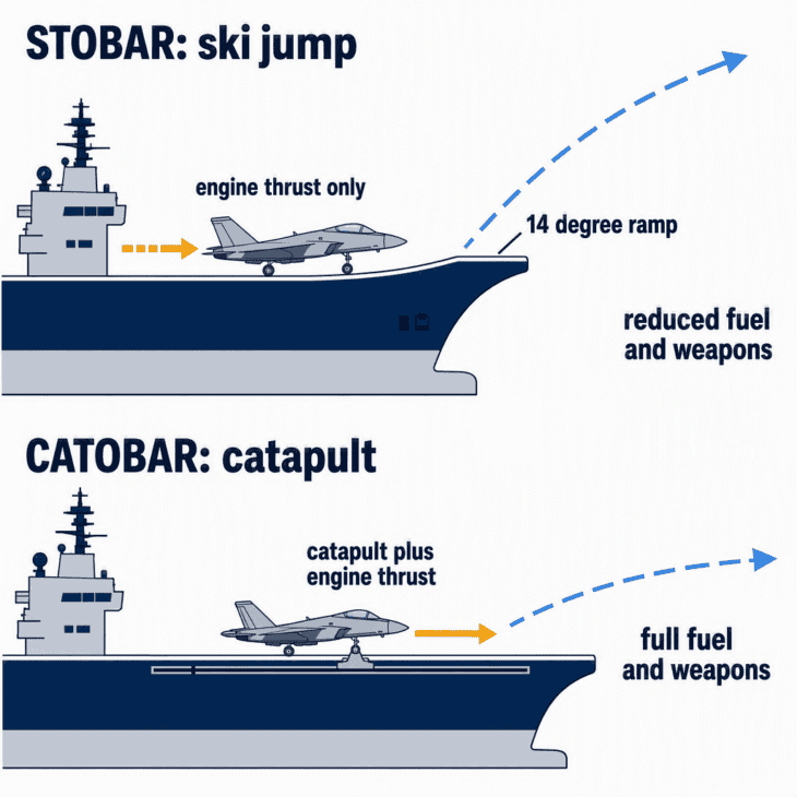 A catapult adds energy to the launch; a ski jump only changes its direction.